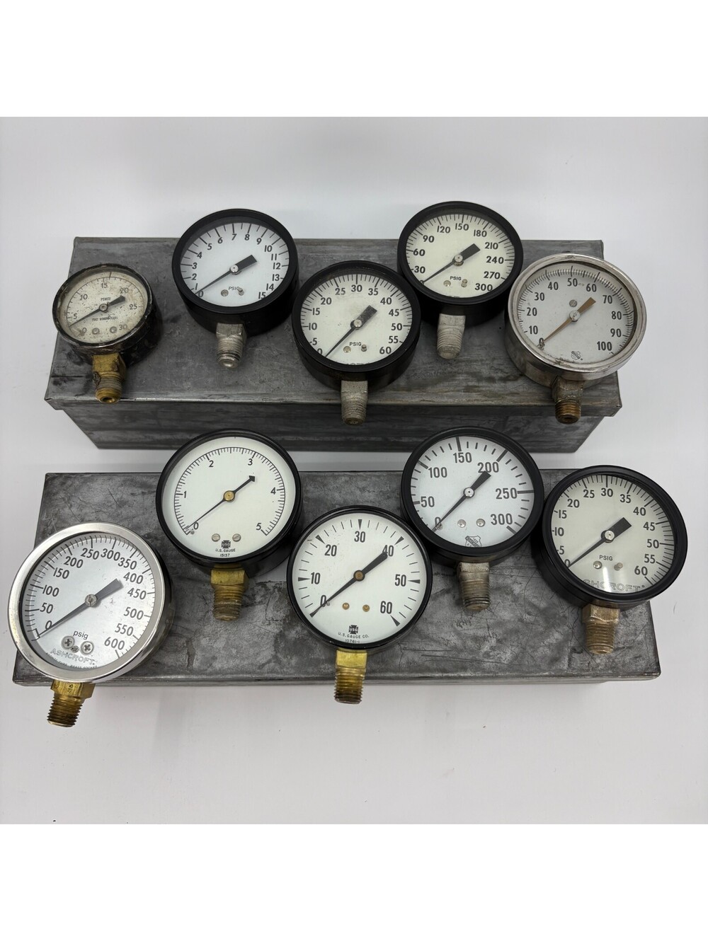 Lot Of 10 Vintage Pressure Gauges Ashcroft US Gauge PSIG With Metal Cases